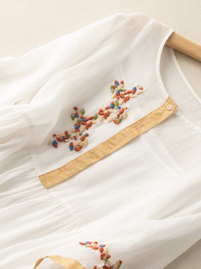 Women's Cotton and Linen Celeste Dress – Embroidered Bohemian Dress with Loose Fit and Natural Elegance