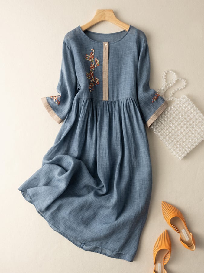 Women's Cotton and Linen Celeste Dress – Embroidered Bohemian Dress with Loose Fit and Natural Elegance