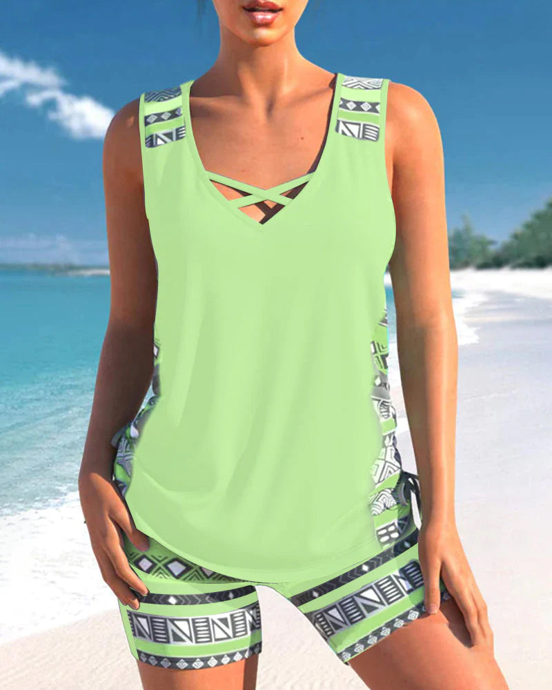 Abigail Tankini Femme – Ensemble Tankini à Motif Géométrique avec Short et Coupe Confortable
