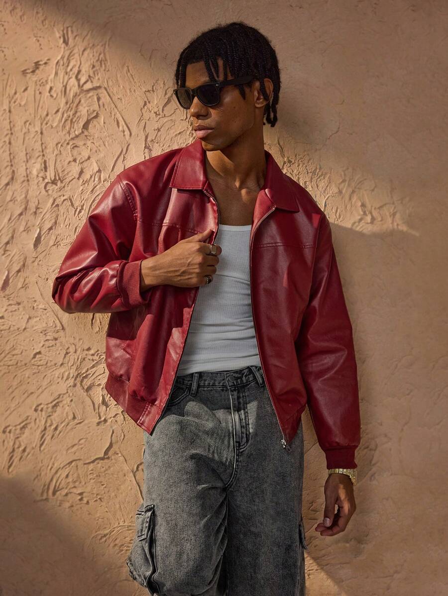 Brandon Veste Homme en Similicuir Rouge – Veste Zippée Moderne à Coupe Ample & Style Urbain