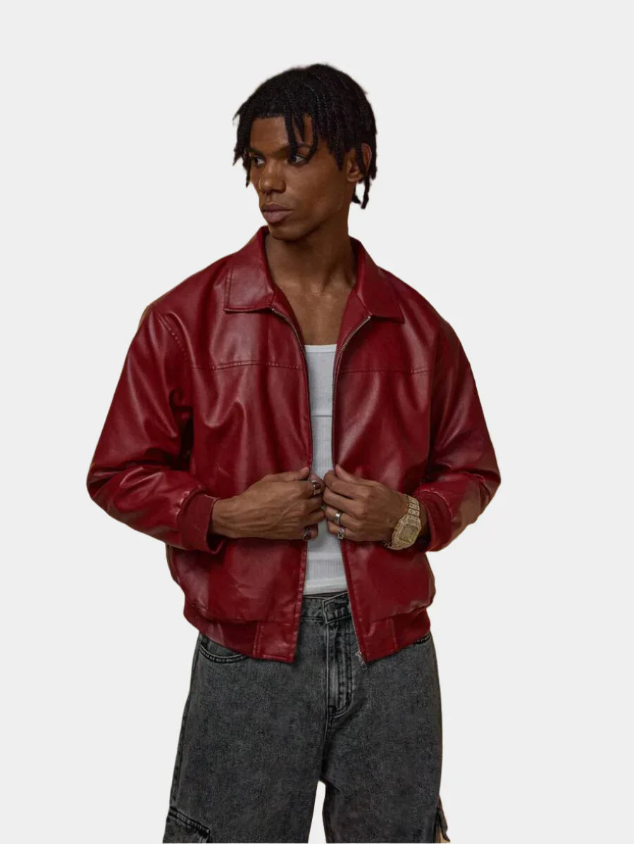 Brandon Veste Homme en Similicuir Rouge – Veste Zippée Moderne à Coupe Ample & Style Urbain