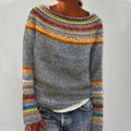 Marites Women's Jumper – Retro Knitted Jumper with Colorful Pattern, Boat Neck & Long Sleeves