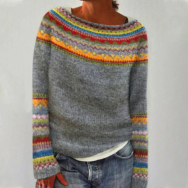 Marites Pull Femme – Pull en Maille Rétro avec Motif Coloré, Encolure Bateau & Manches Longues