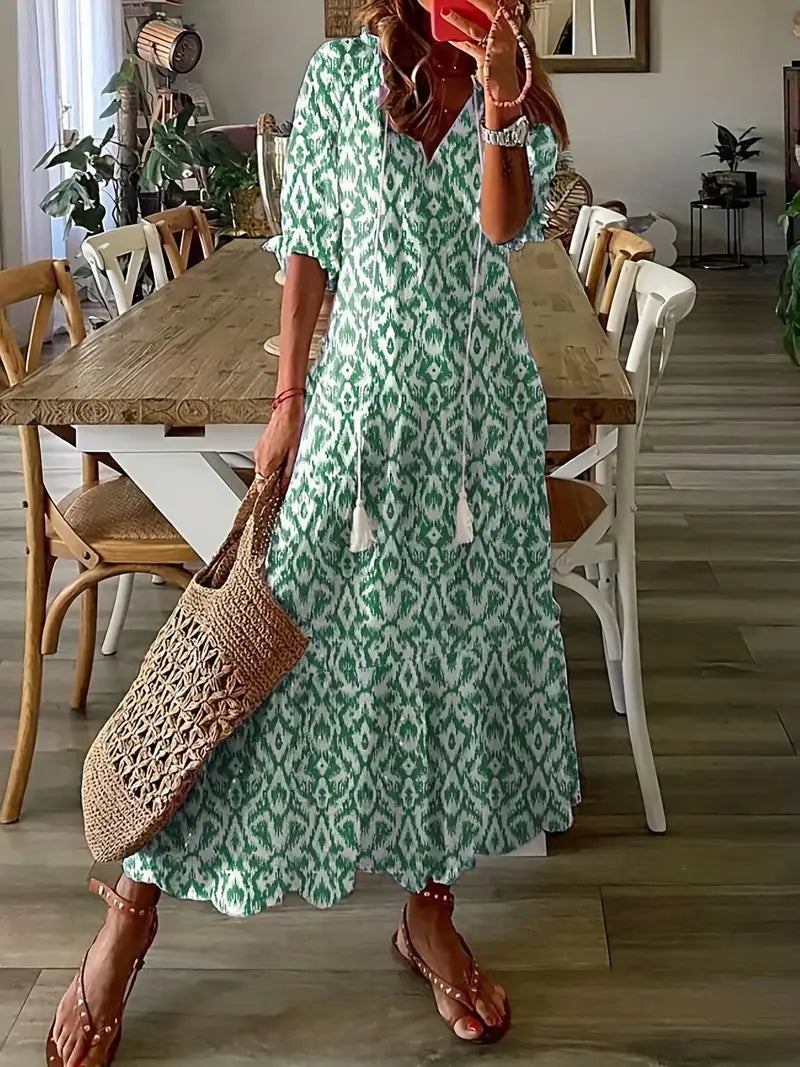 Natalie Robe Bohème Femme – Robe d'Été Élégante à Volants avec Col en V et Motif Ikat