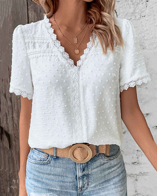 Aira Women's Cotton Blouse – Vintage Blouse with Elegant Lace & Puffy Short Sleeves