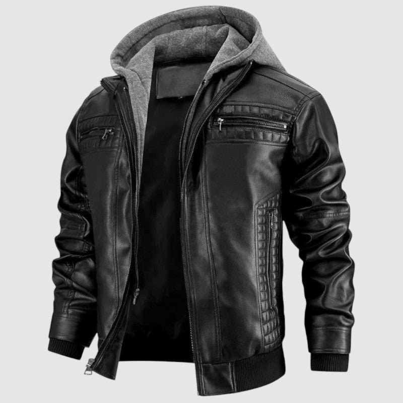 Caspian Veste Homme en Cuir – Blouson Moto Vintage avec Capuche et Fermeture Zippée
