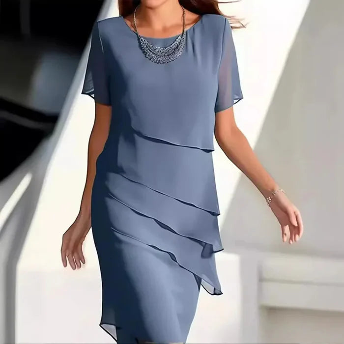 Chloé Women's Midi Dress – Elegant Ruffled Flowy Chiffon Dress with Short Sleeves