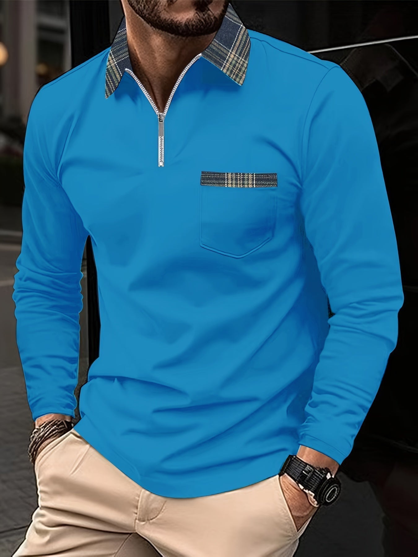 Mitchell Polo Homme à Manches Longues – Col Zippé Élégant & Motif à Carreaux Intemporel