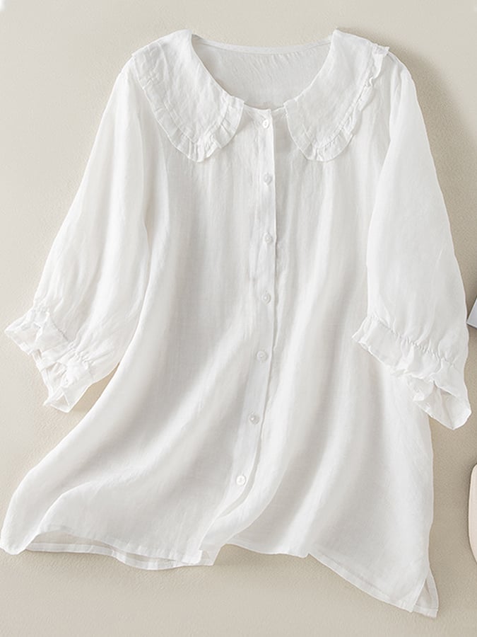 Madeline Blouse Femme – Chemise Ample en Coton et Lin avec Col Claudine à Volants Élégant