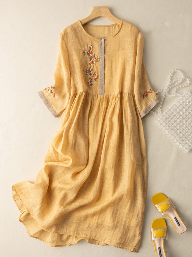 Celeste Robe Femme en Coton et Lin – Robe Bohème Brodée avec Coupe Ample et Élégance Naturelle
