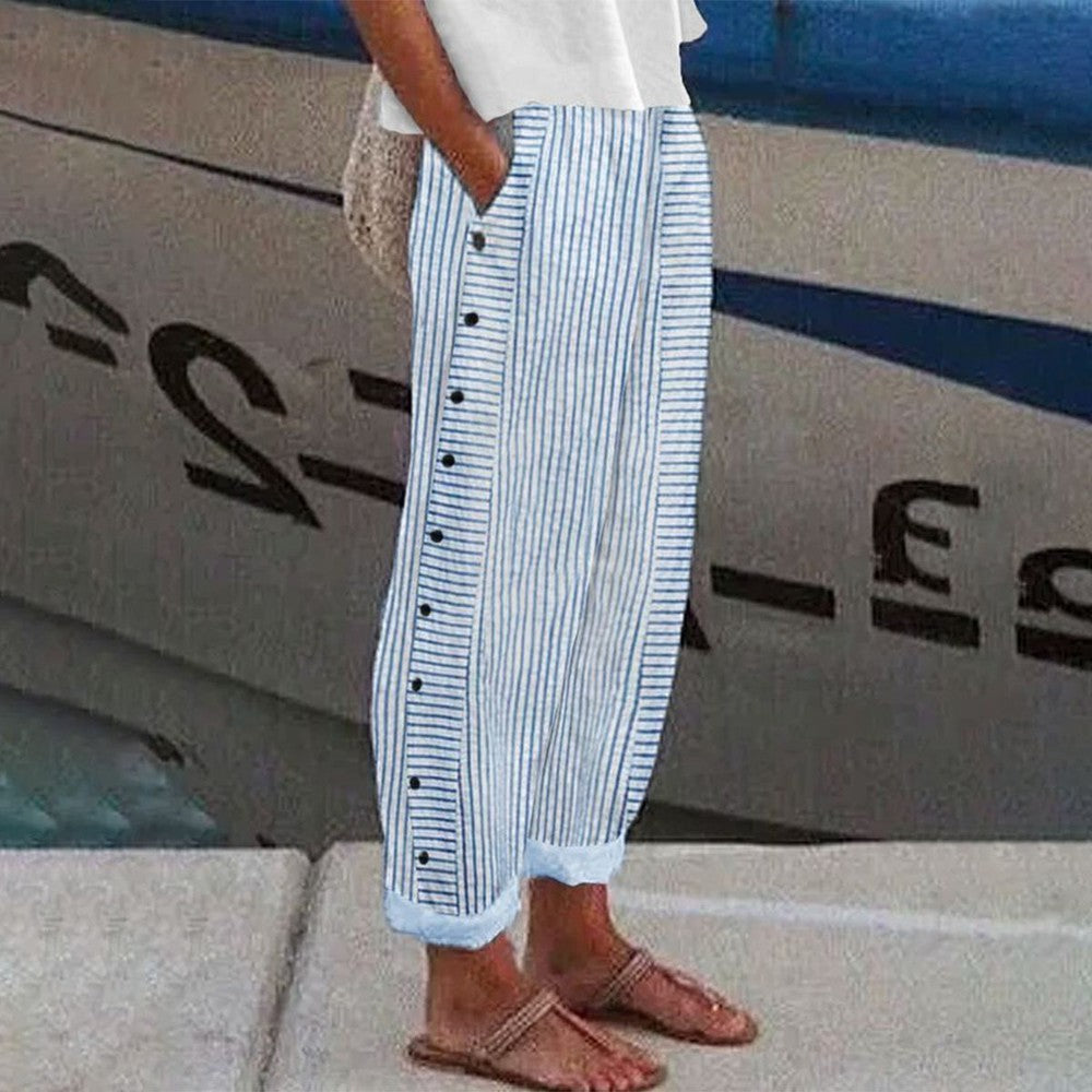 Megan Pantalon Femme – Pantalon Décontracté à Rayures avec Poches Latérales et Coupe Confortable