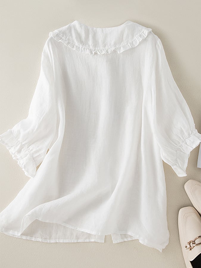 Madeline Blouse Femme – Chemise Ample en Coton et Lin avec Col Claudine à Volants Élégant