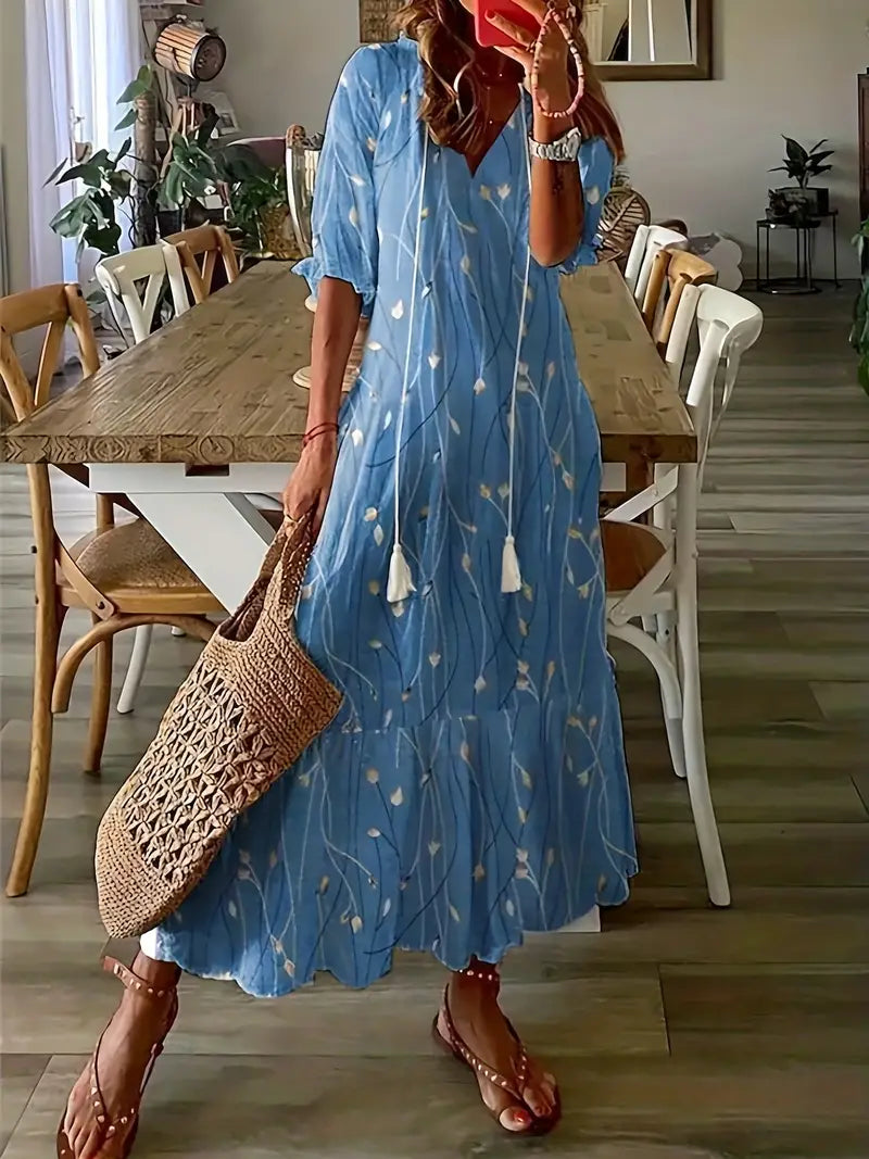 Natalie Robe Bohème Femme – Robe d'Été Élégante à Volants avec Col en V et Motif Ikat