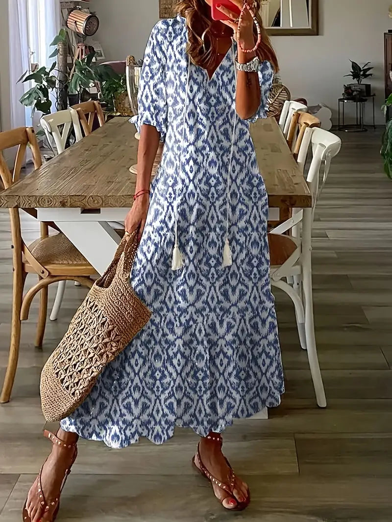 Natalie Robe Bohème Femme – Robe d'Été Élégante à Volants avec Col en V et Motif Ikat