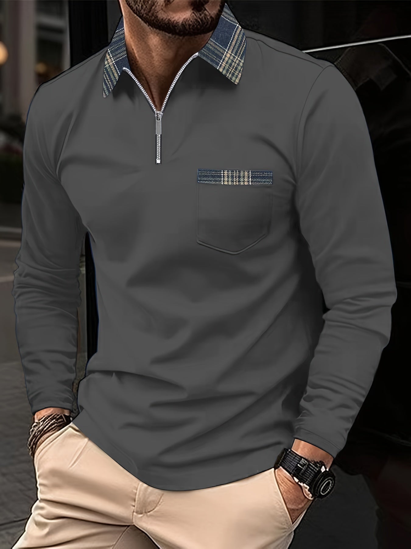 Mitchell Polo Homme à Manches Longues – Col Zippé Élégant & Motif à Carreaux Intemporel