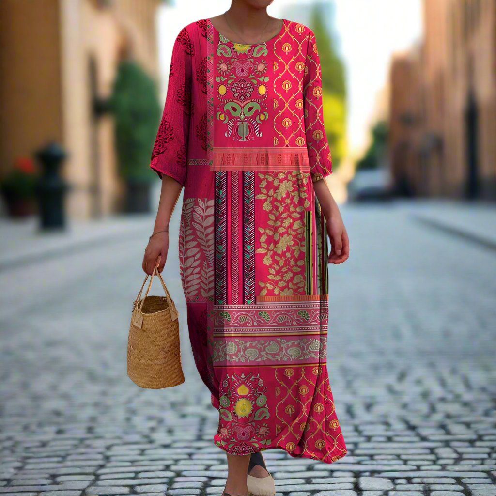 Marisol Robe Maxi Femme – Robe Longue Bohème en Coton avec Imprimé Ethnique et Coupe Fluide