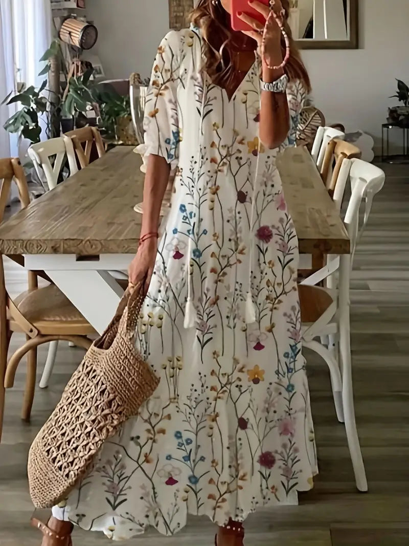 Natalie Robe Bohème Femme – Robe d'Été Élégante à Volants avec Col en V et Motif Ikat