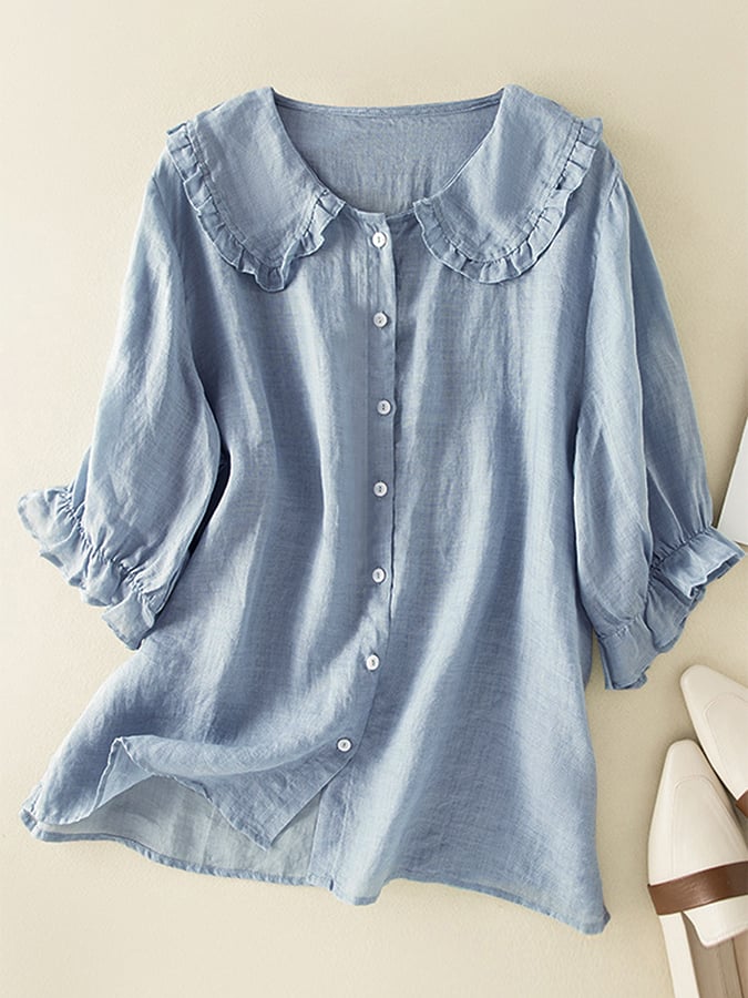 Madeline Blouse Femme – Chemise Ample en Coton et Lin avec Col Claudine à Volants Élégant