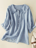 Madeline Blouse Femme – Chemise Ample en Coton et Lin avec Col Claudine à Volants Élégant