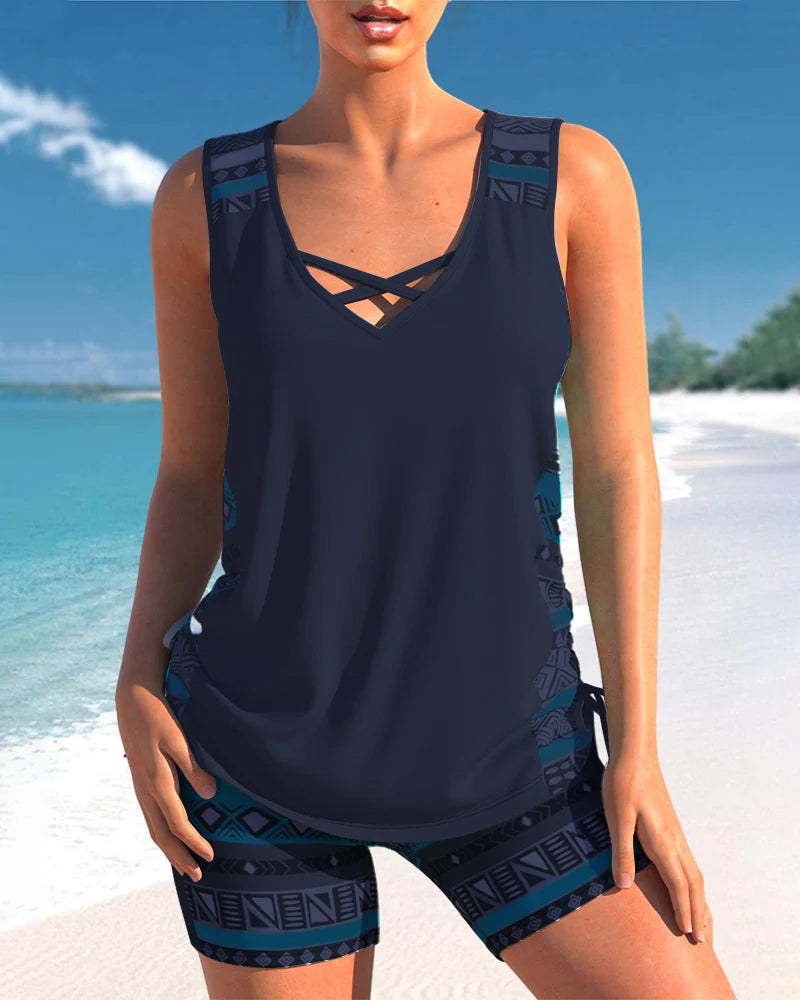 Abigail Tankini Femme – Ensemble Tankini à Motif Géométrique avec Short et Coupe Confortable