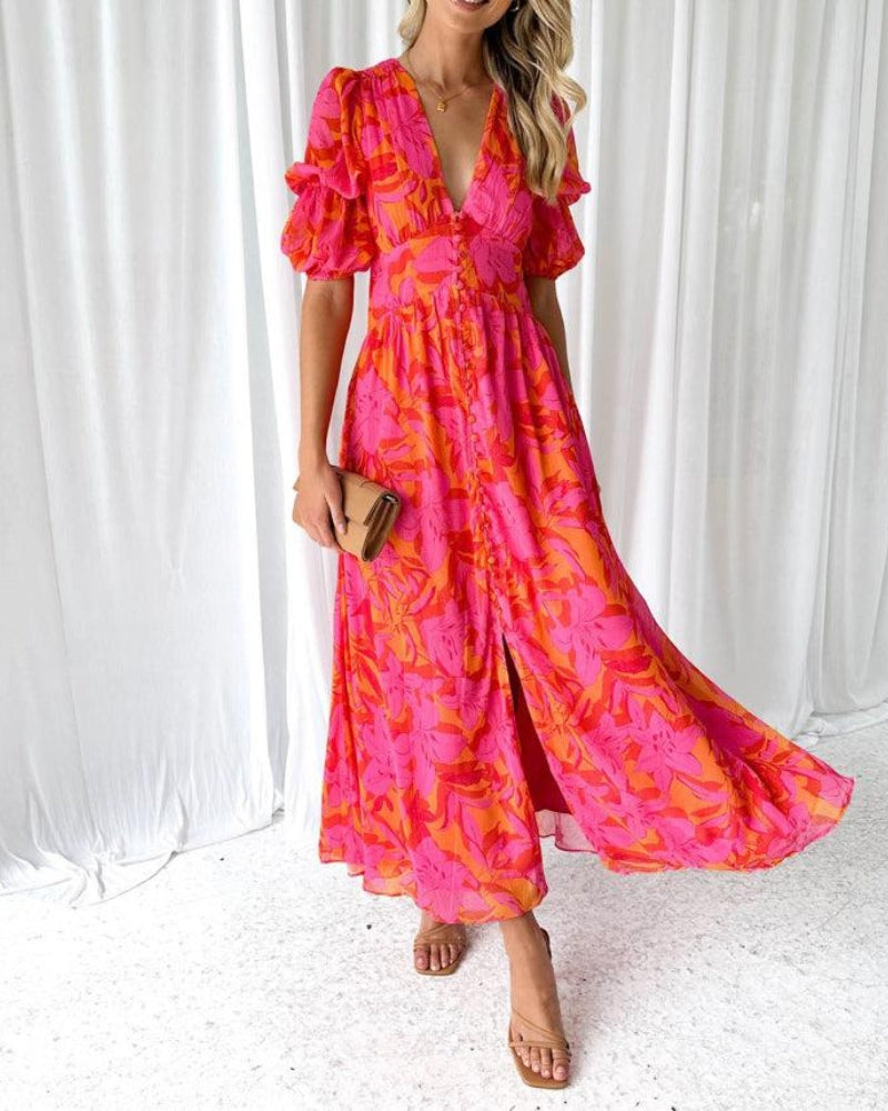 Zoe Robe Femme – Robe Élégante à Encolure en V avec Manches Bouffantes et Coupe Fluide