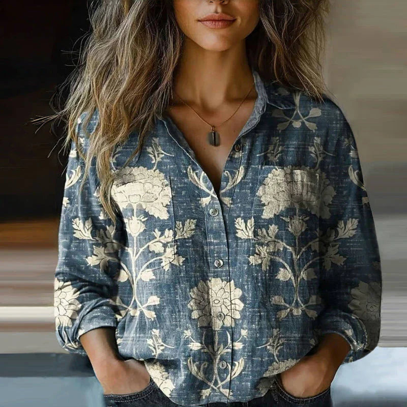 Nerina Blouse Vintage Femme – Blouse Aérée à Imprimé Ethnique avec Col à Revers et Manches Longues