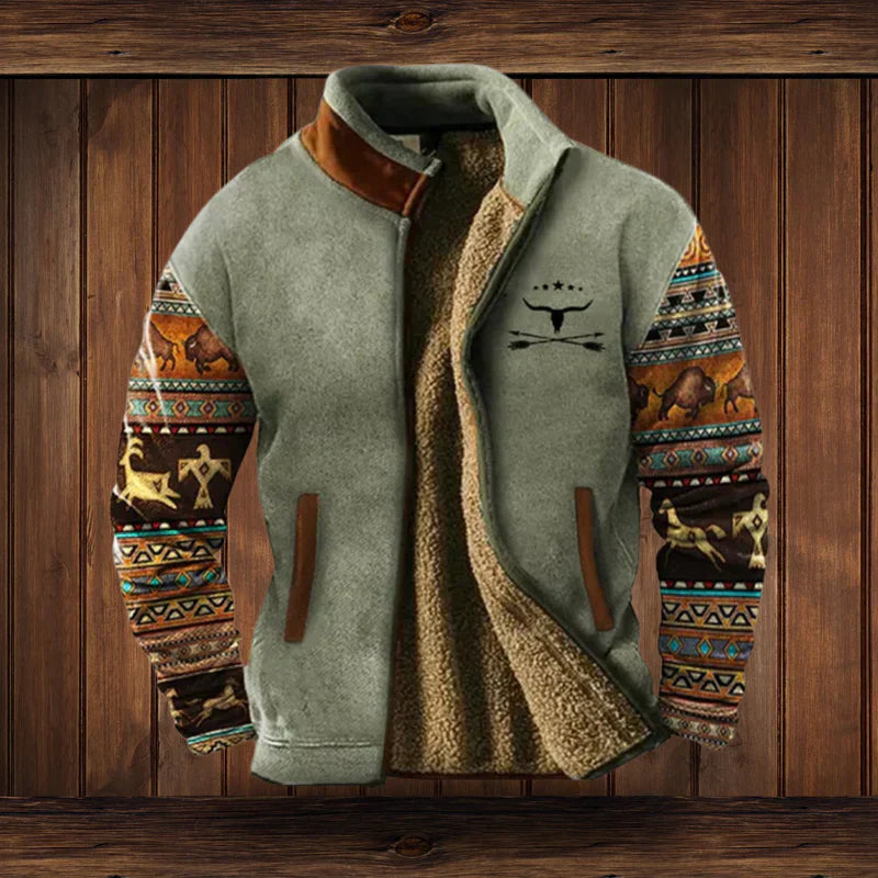 Bastien Veste Homme Style Western – Veste Doublée Polaire avec Motifs Ethniques et Chaleur Hivernale