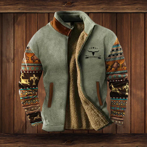 Bastien Men's Western Style Jacket - Fleece Lined Jacket with Ethnic Patterns and Winter Warmth