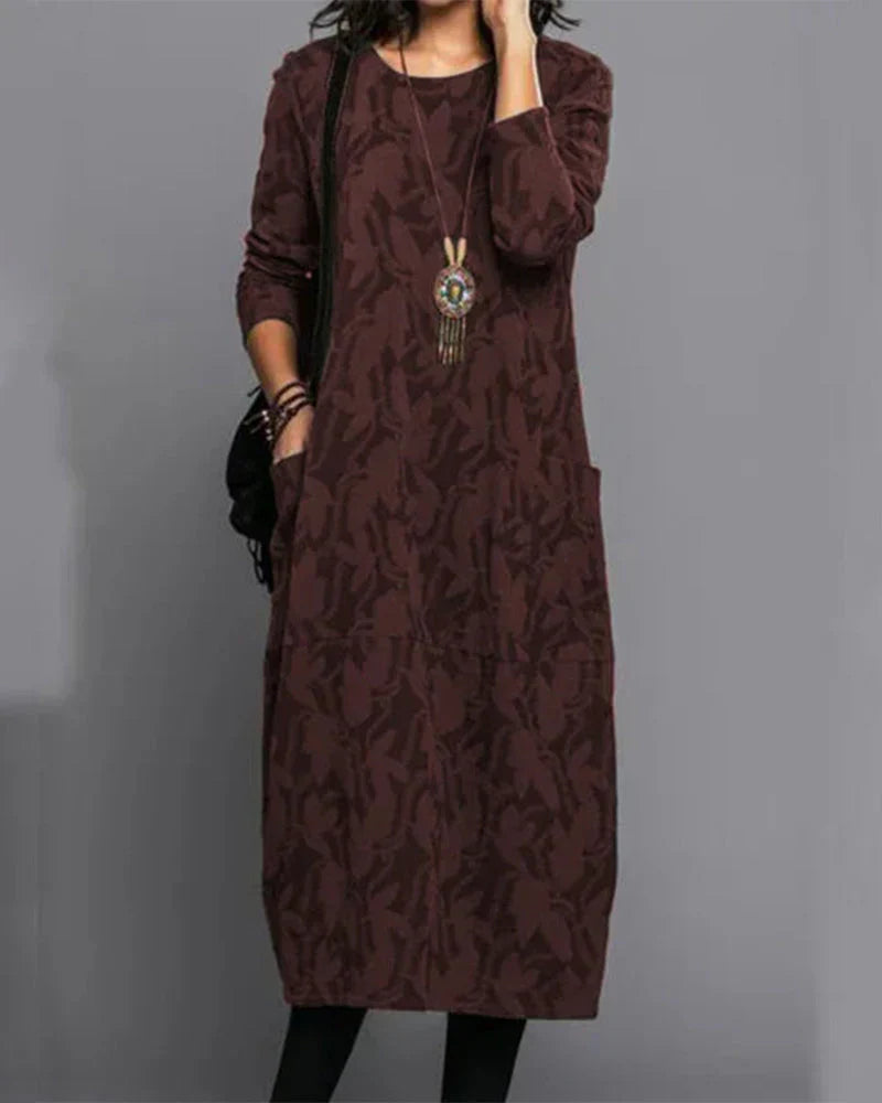 Pauline Robe Longue Femme – Robe Polaire à Manches Longues avec Poches & Imprimé Floral Élégant
