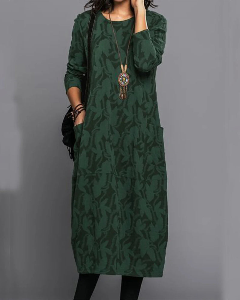 Pauline Robe Longue Femme – Robe Polaire à Manches Longues avec Poches & Imprimé Floral Élégant