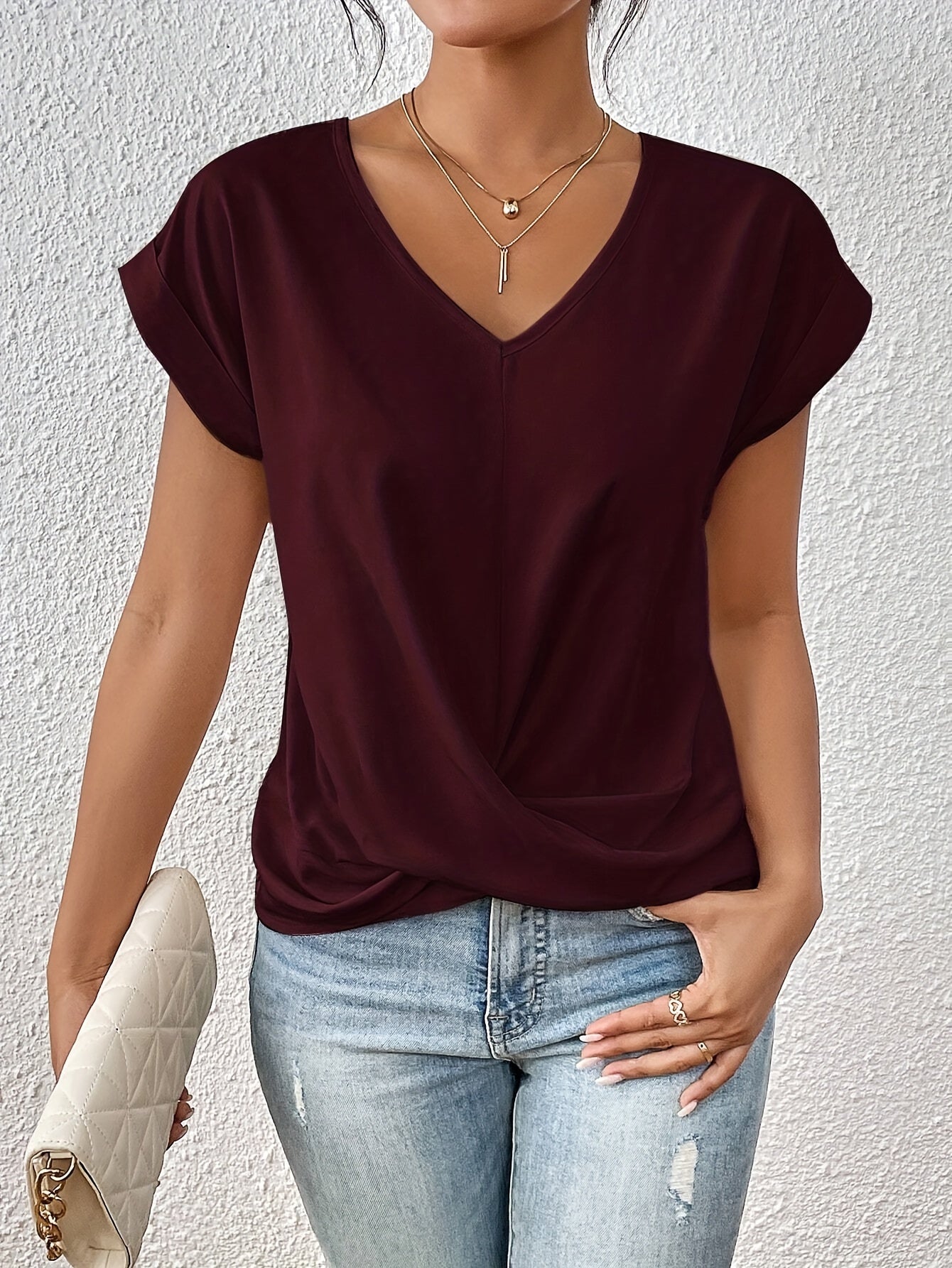 Nina Top Femme – Haut Col V avec Nœud Élégant, Drapé Fluide & Coupe Féminine