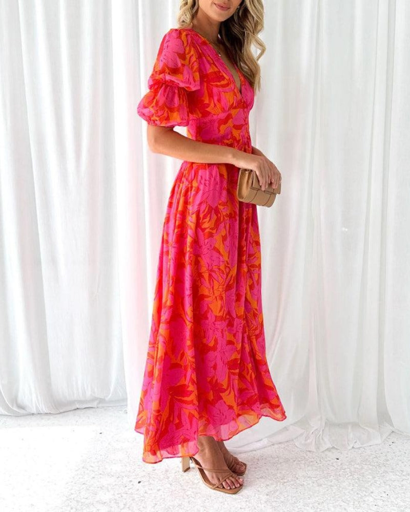 Zoe Robe Femme – Robe Élégante à Encolure en V avec Manches Bouffantes et Coupe Fluide