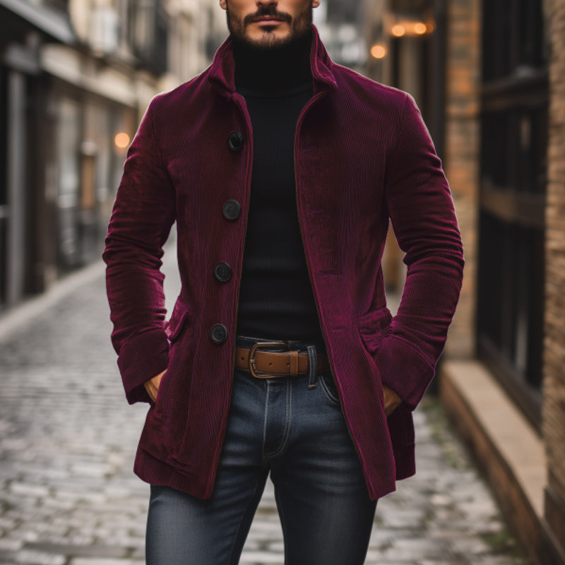 Nathan Manteau Homme en Velours Côtelé – Manteau Élégant Coupe Slim avec Col Montant