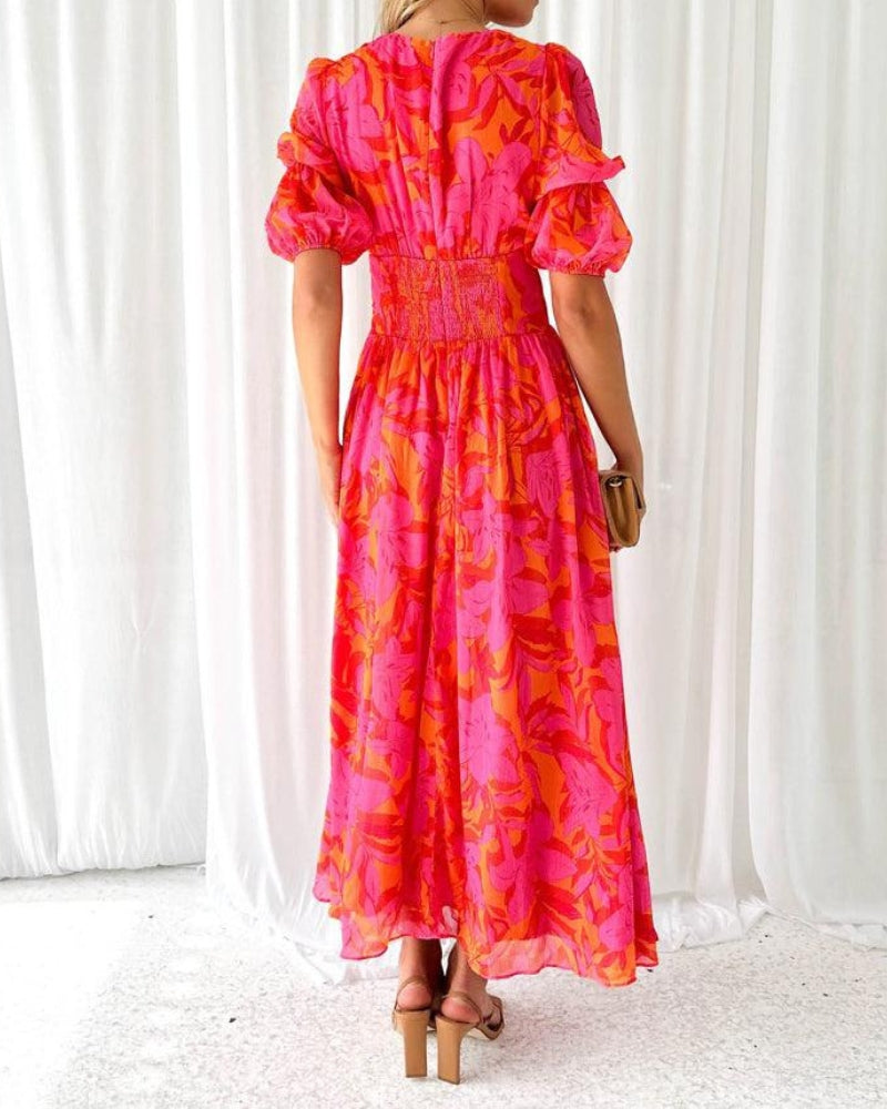 Zoe Robe Femme – Robe Élégante à Encolure en V avec Manches Bouffantes et Coupe Fluide