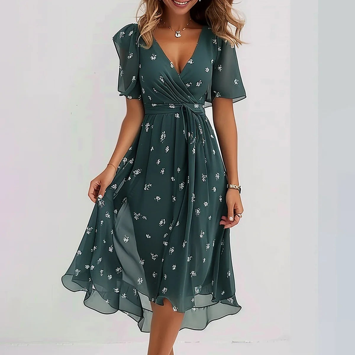 Ella Robe Femme – Robe Fleurie Élégante avec Encolure Cache-Cœur, Manches Volantes & Coupe Fluide