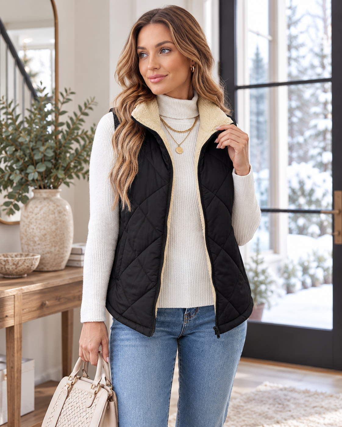 Bianca Gilet Femme Matelassé Sans Manches - Col Sherpa, Zip Intégral et Poches Latérales