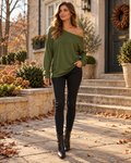 Kaia Chemise Femme Oversize Épaules Dénudées – Haut Asymétrique Casual Manches Longues