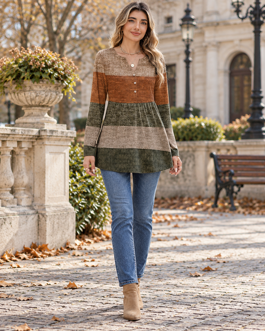 Gianna Tunique Femme Henley à Col V – Manches Longues, Plis et Color Block