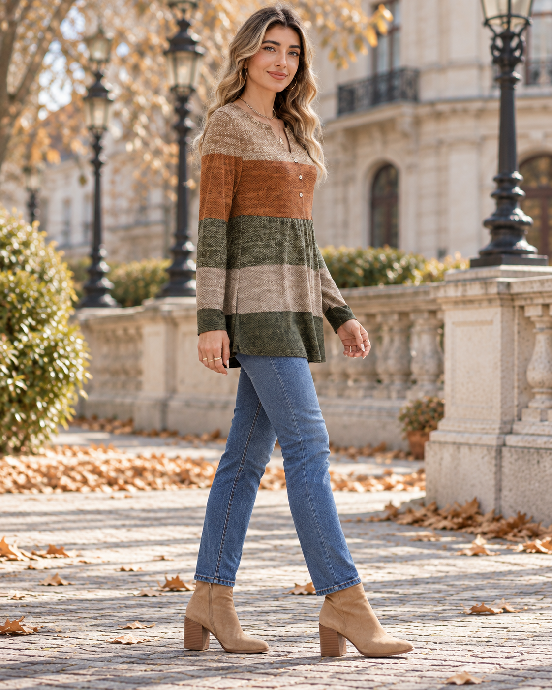 Gianna Tunique Femme Henley à Col V – Manches Longues, Plis et Color Block