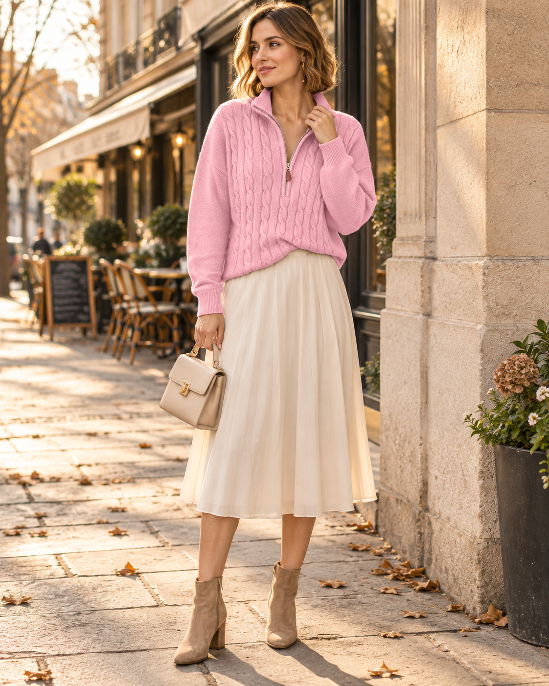 Alyssa Pull Torsadé à Col Zippé Quart – Modèle Relax à Manches Longues