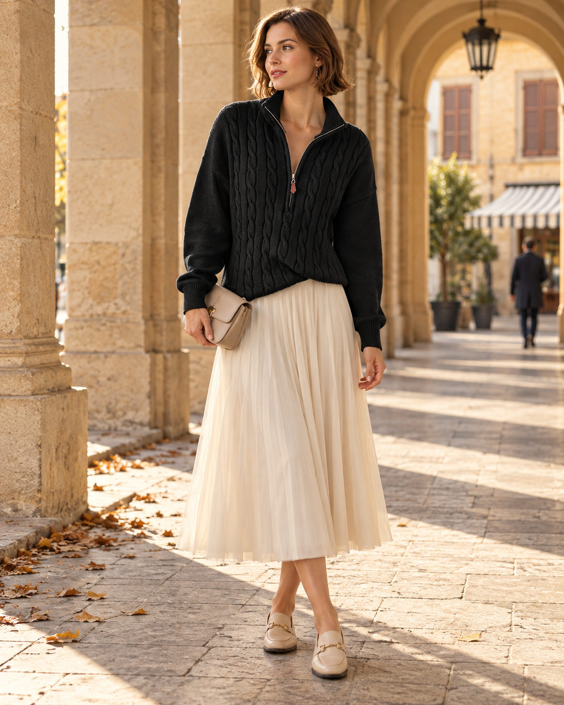 Alyssa Pull Torsadé à Col Zippé Quart – Modèle Relax à Manches Longues