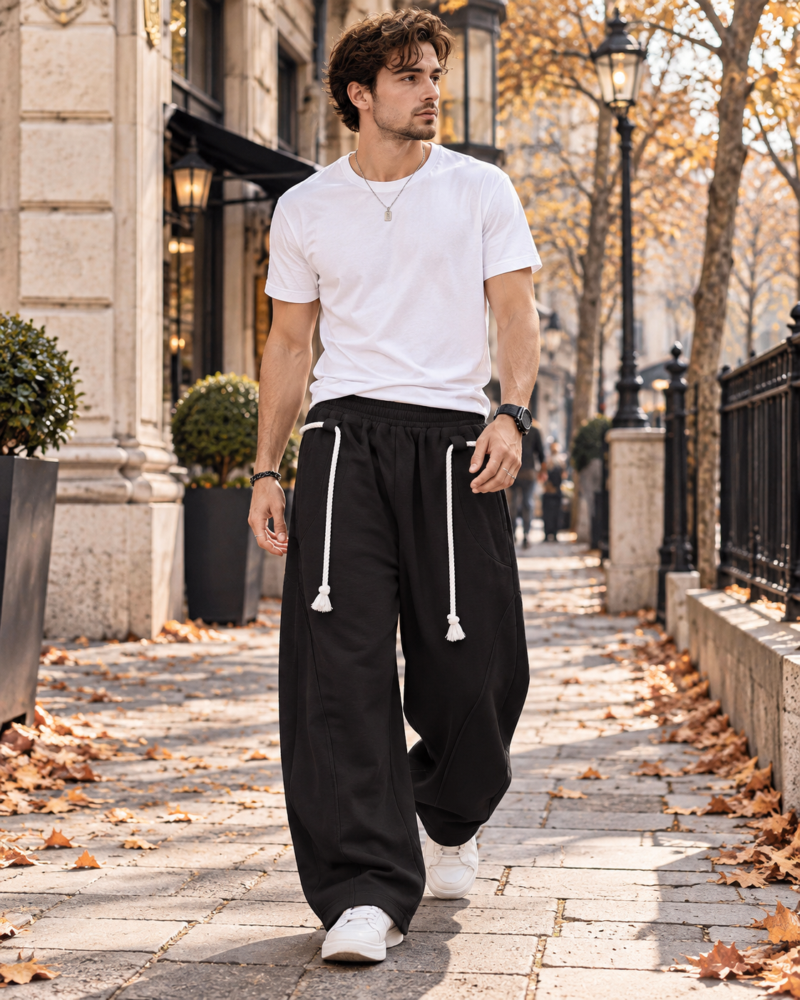 Paolo Jogging homme ample coupe barrel jambes larges, corde décorative et poches
