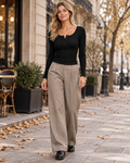 Jovelle Top Femme Henley en Maille Côtelée – Manches Longues, Coupe Ajustée et Boutons