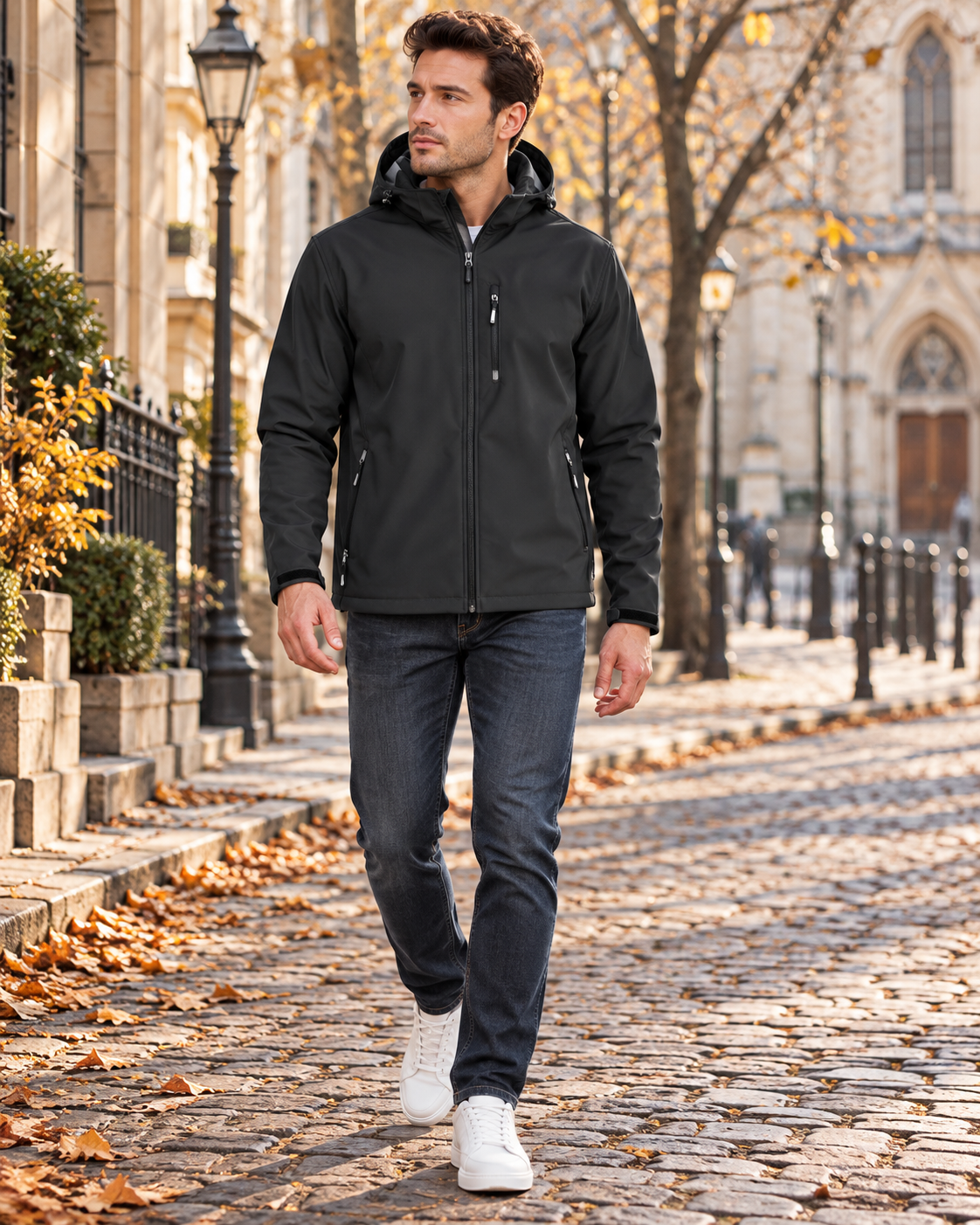 Uriel Veste softshell homme déperlante à capuche, doublée polaire avec cinq poches