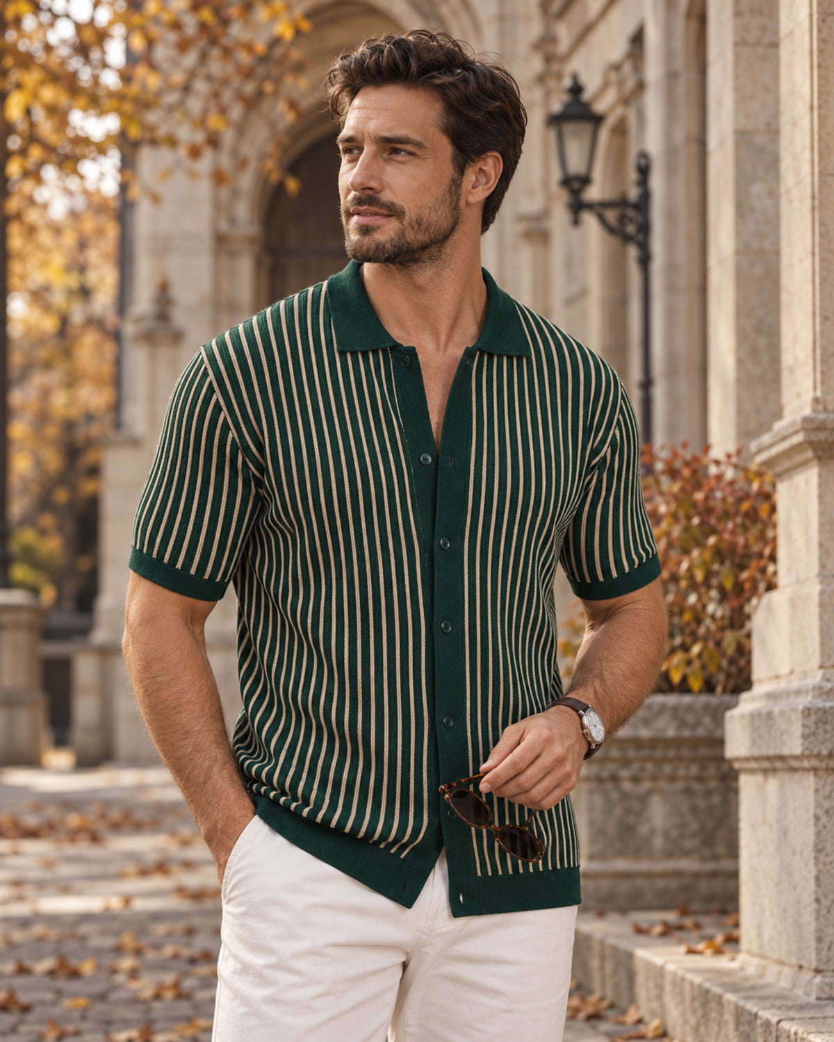 Mateo Polo Homme en Maille Rayée – Manches Courtes, Boutonné, Style Été