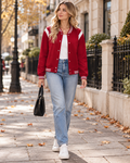 Eliana Veste femme style universitaire à pressions, poches et finitions côtelées rayées