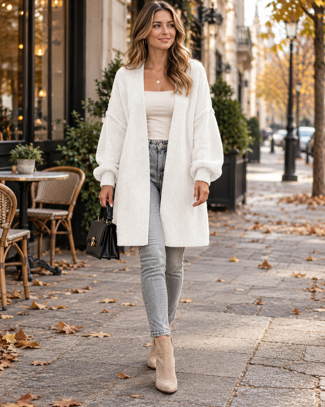 Wynona Cardigan long femme en maille ample, ouvert devant, aux épaules tombantes