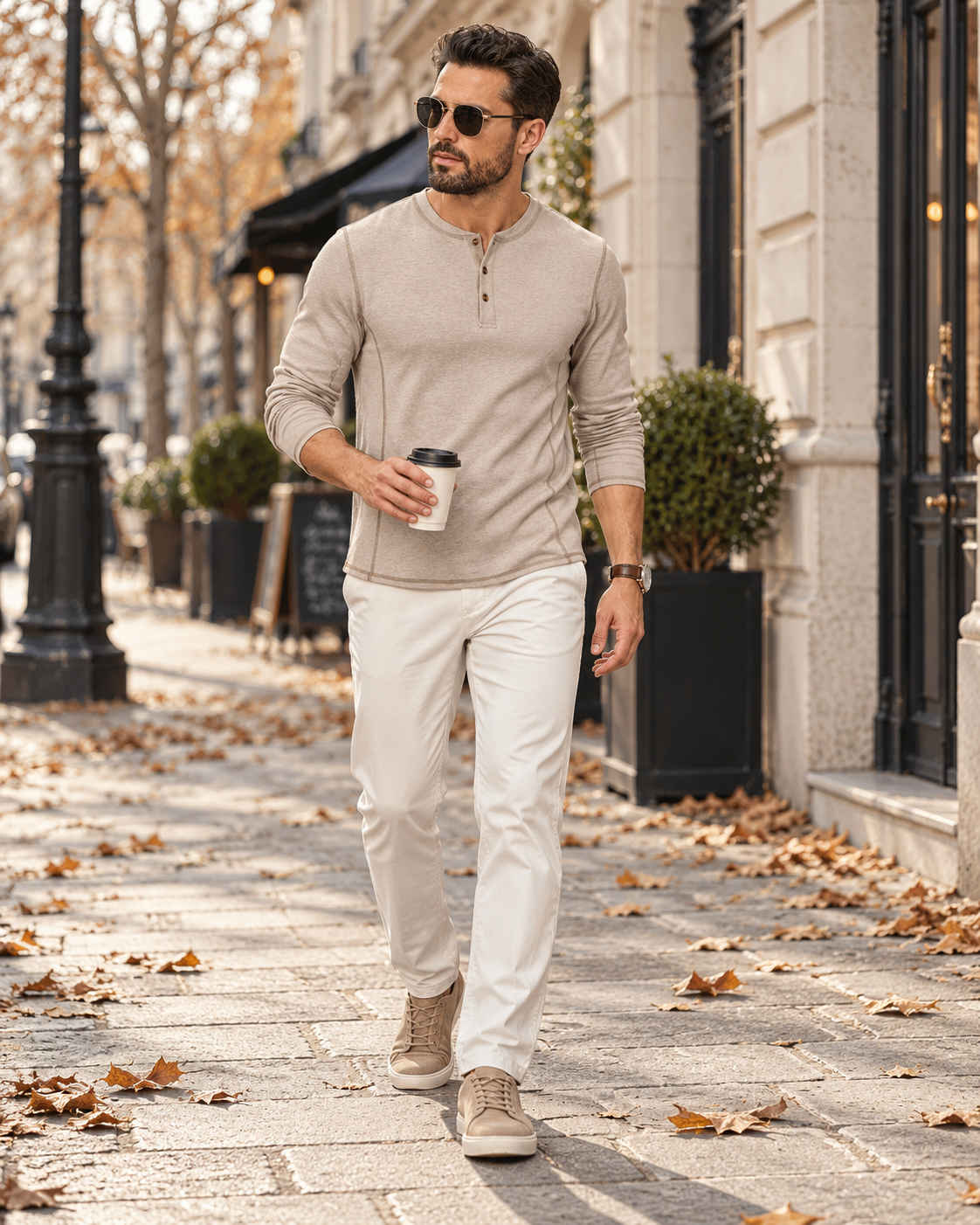 Franco Henley homme léger à manches longues avec boutons au col et coutures contrastées