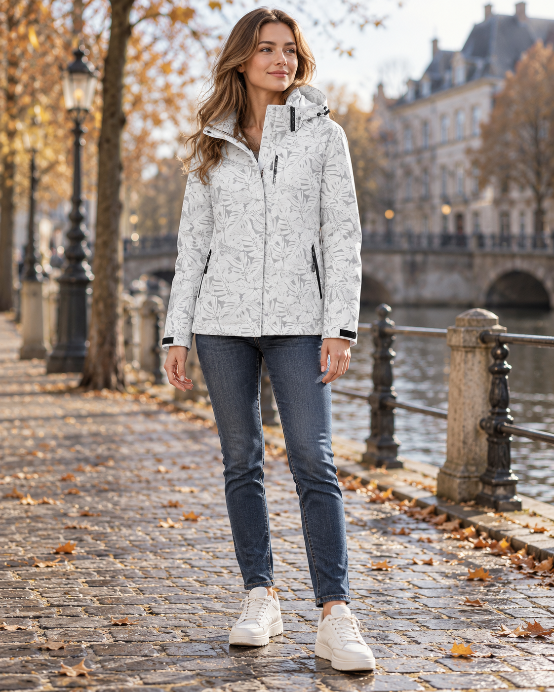 Carmina Manteau Femme Imperméable Légère à Feuilles, Capuche avec Poches Zippées