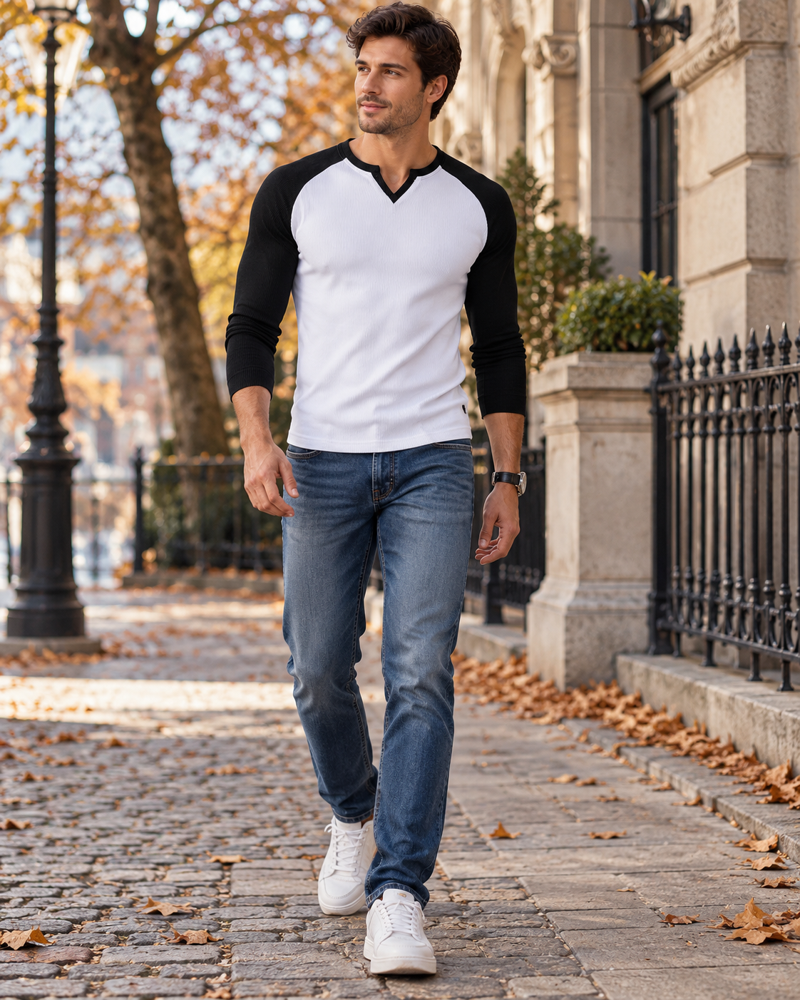 Kian Haut homme à manches longues raglan, maille côtelée extensible et col V échancré